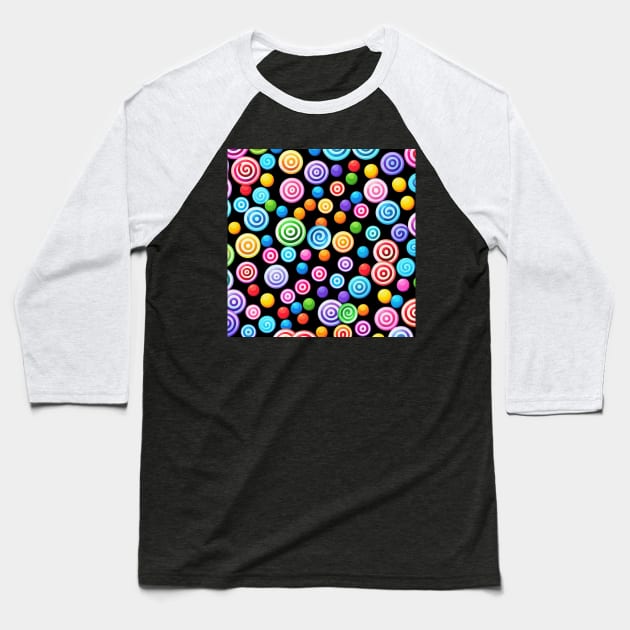 Assorted Candies on Black Background (MD23HWN032) Baseball T-Shirt by Maikell Designs